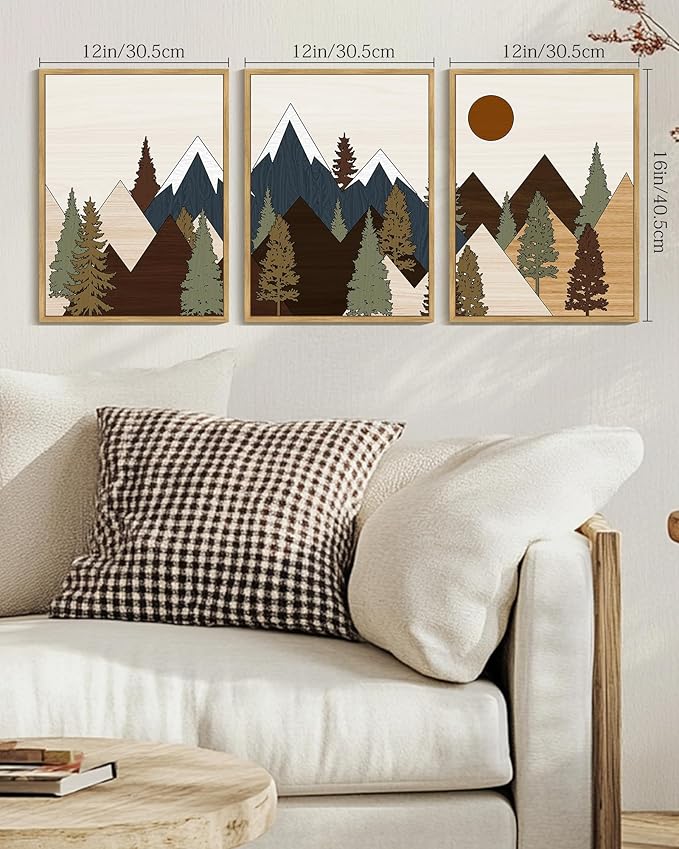 Drsoum Morden Mountains Landscape Wall Art Framed Boho Pine Tree Forest Nature Prints Boho Farmhouse Rustic Artwork Hallway Bedroom Ready to Hang 12x16in Natural Framed