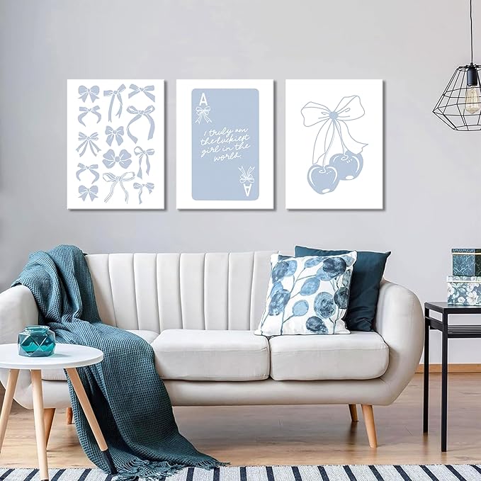 Trendy Preppy Canvas Wall Art Set of 3, Light Blue Bow Picture Wall Decor Paintings, Poker Lucky Coquette Room Posters Prints for Dorm College Apartment Bedroom 12x16In Framed