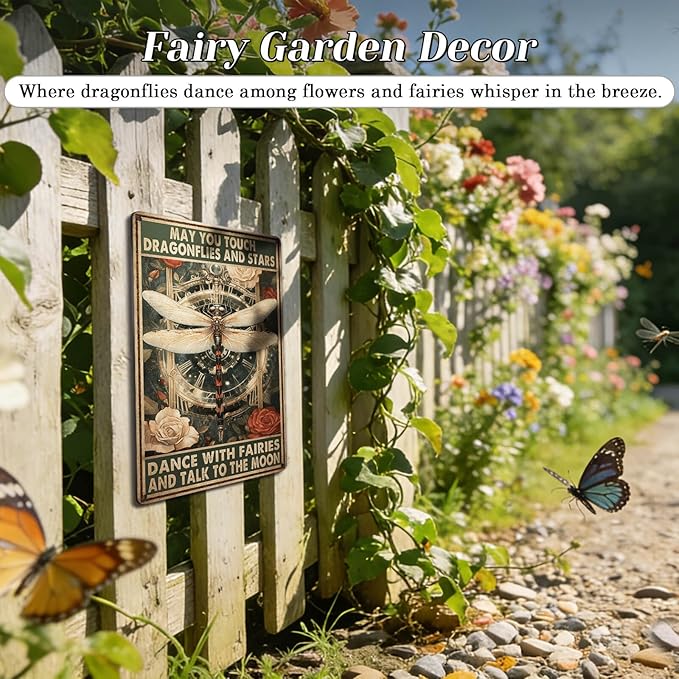 HYBLOM Dragonfly Decor Dragonfly Gifts for Women - Fairy Wall Decor for Bedroom Home Garden - May You Touch Dragonflies And Stars Vintage Metal Signs 12x8 Inch