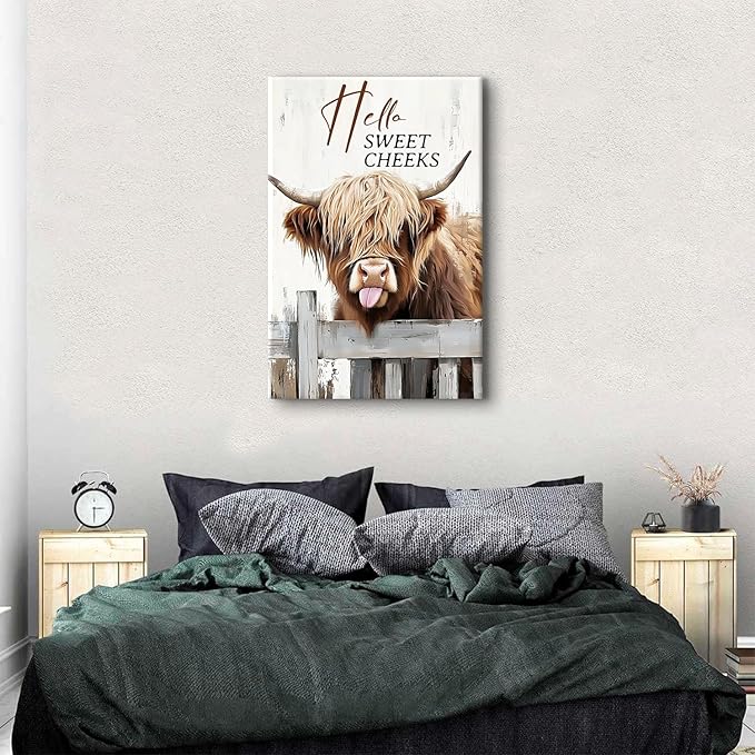 Large Funny Highland Cow Canvas Wall Art for Living Room Kitchen, Hello Sweet Cheeks Bathroom Decor Western Picture Prints Painting Rustic Farmhouse Prints Framed Artwork Home Decorations 32x48"