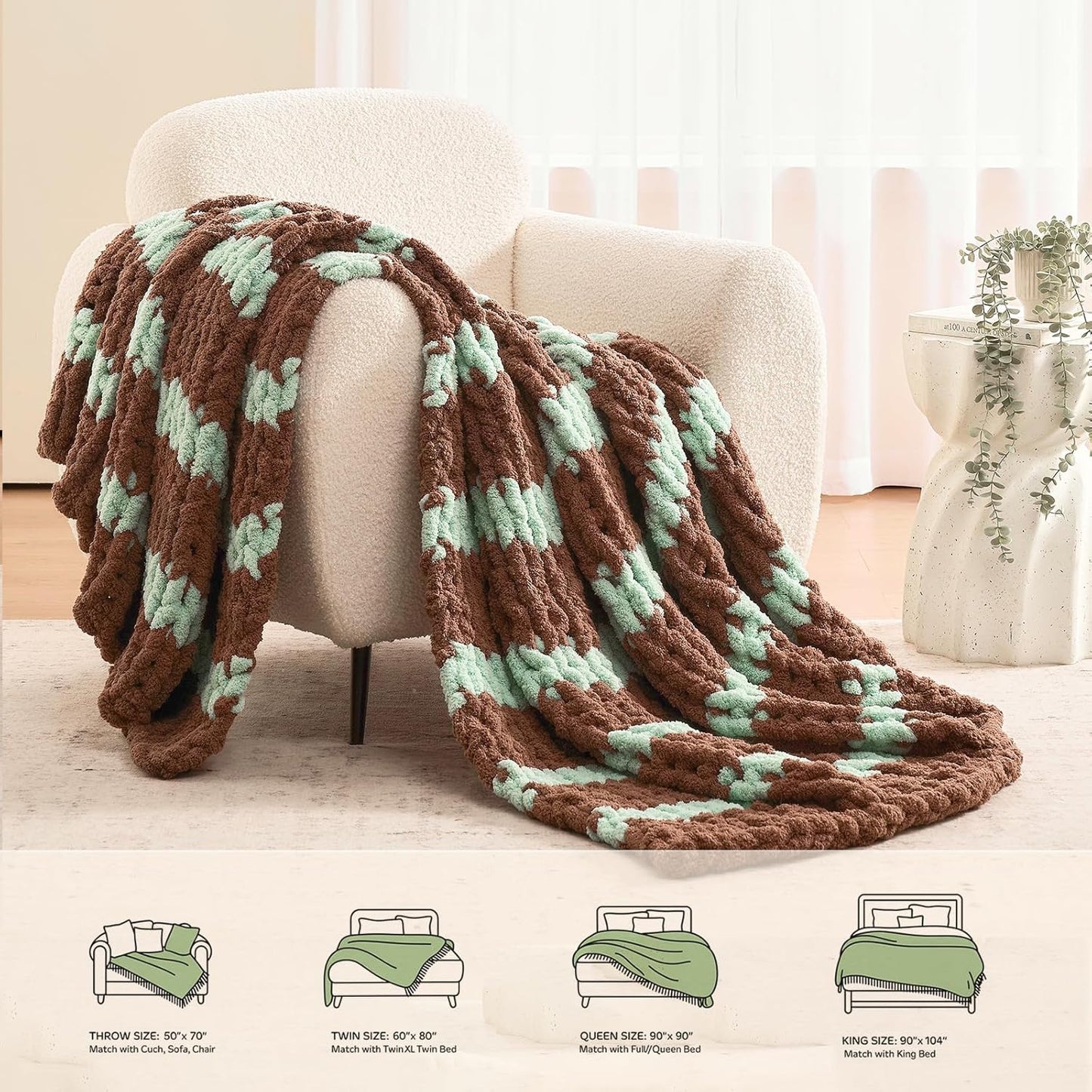 L'AGRATY Chunky Knit Blanket Throw: 50''x60'' Chenille Chunky Knitted Throw Blankets for Bed Couch - Handmade Thick Cable Knit Blanket - Large Crochet Rope Blankets for Home Decor