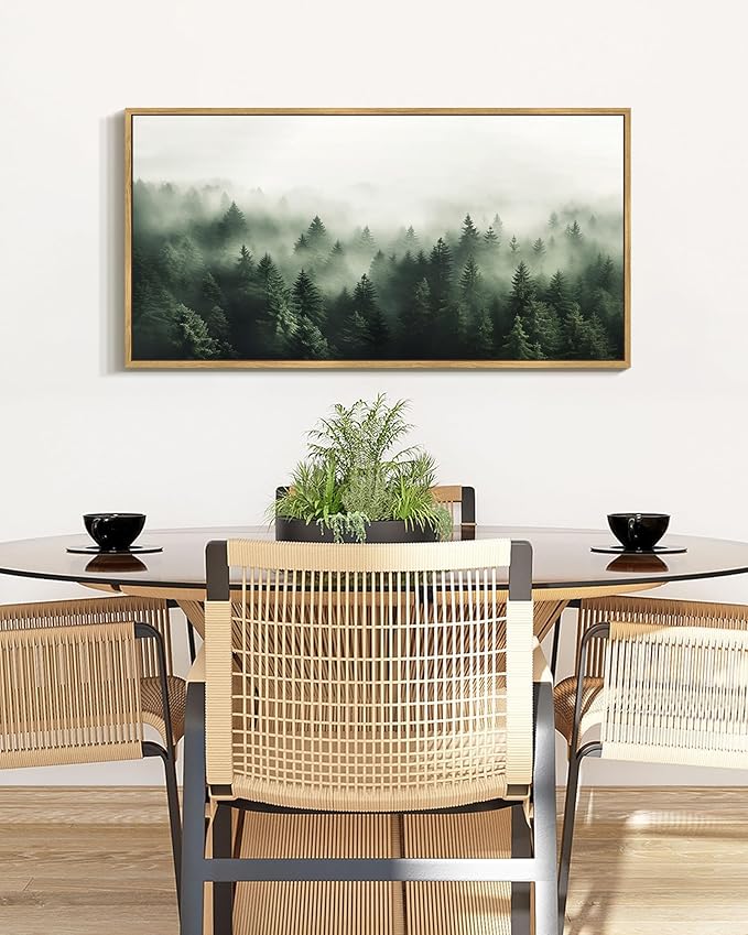 SHENIFY Green Fog Pine Tree Forest Vintage Framed Wall Art Modern Landscape Scenery Farmhouse Artwork Prints Decor for Hallway Bedroom Living Room Dining Room - 20x40in Natural Framed
