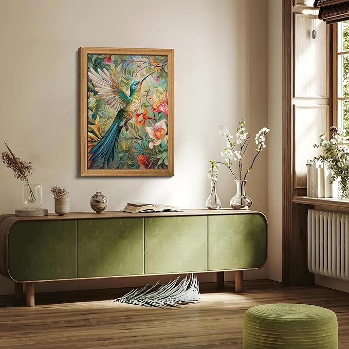 Framed Vintage 3D Textured Wall Art - Colorful Hummingbird Floral Wall Decor - Hand Painted Sandstone Nature Botanical Picture for Living Room Bedroom Home Decor 12x16 inch