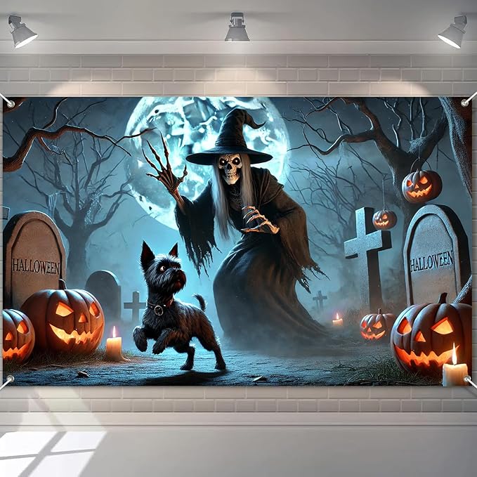Halloween Witch Cemetery Banner 71x43 Inch Funny Dog and Skeleton Witch Banner Graveyard Wall Decor with Pumpkins and Moon for Spooky Trick or Treat Party Indoor Outdoor Decoration