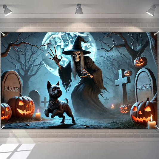 Halloween Witch Cemetery Banner 71x43 Inch Funny Dog and Skeleton Witch Banner Graveyard Wall Decor with Pumpkins and Moon for Spooky Trick or Treat Party Indoor Outdoor Decoration