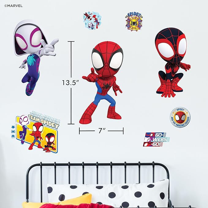 Marvel Spidey and His Amazing Friends Team Wall Decal - 11"-13" Spidey Spin Ghost Spider Vinyl Stickers for Bedroom Bathroom Decor - Peel and Stick Room Decorations