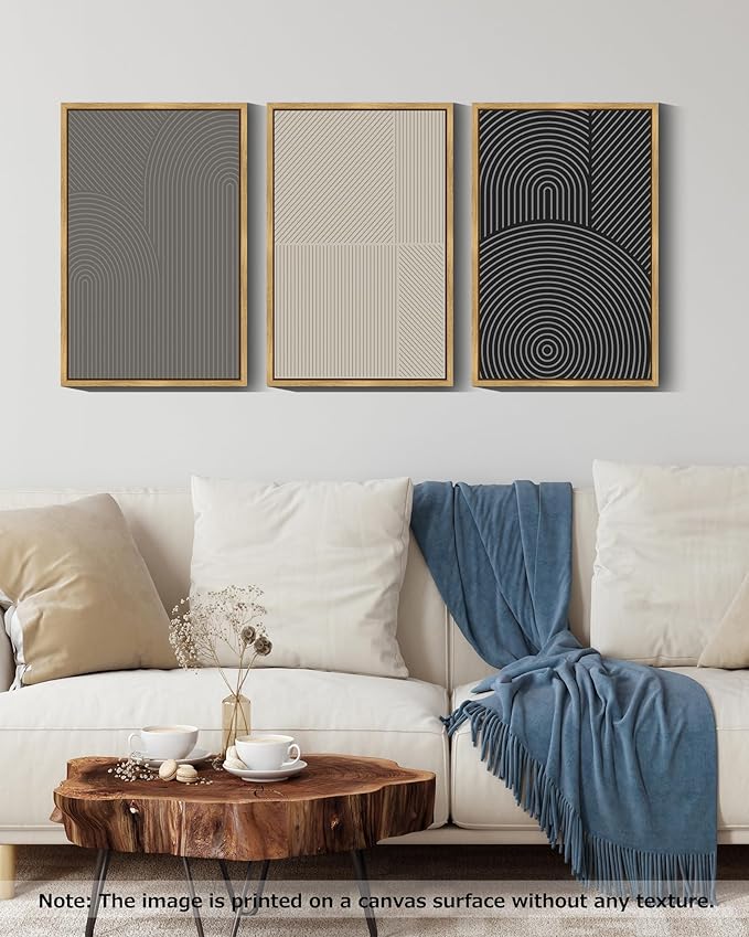 Drsoum Mid-Century Modern Framed Wall Art Large 16x24in Minimalist Abstract Boho Neutral Line Wall Decor Geometric Artwork Kitchen Dining Room Natural Framed