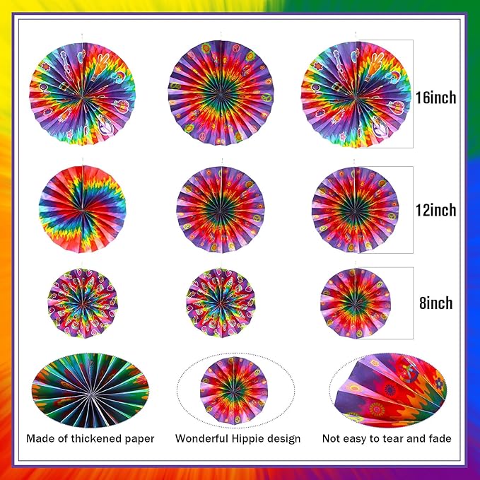 Outus Tie Dye Party Supplies Groovy Hippie Hanging Paper Fans Classroom Decoration 60s Party Ceiling Wall Decor Fans Peace and Love Sign for Carnival Hippie Groovy Theme Birthday Ceiling(18 Pcs)
