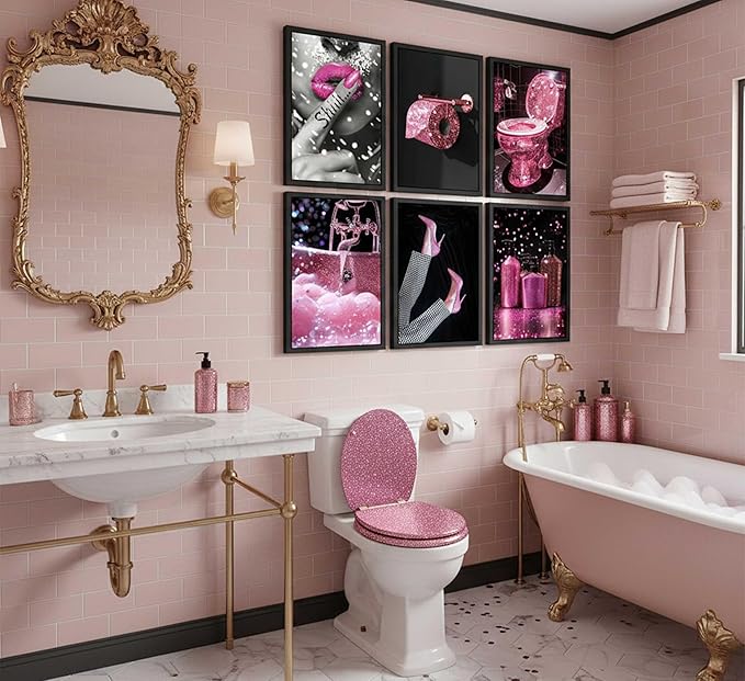 6Pcs Fashion Bathroom Canvas Wall Art Black and Pink Glam Glitter Tissue Funny Modern Women Painting Pictures Wall Decor Poster Print Artwork for Toilet Home Decoration Unframed