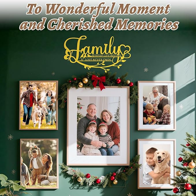 Family Signs Metal Wall Art Home Decor, Golden Family Where Life Begins Love Never Ends Sign Modern Wrought Iron Hanging Door Plaque Words Letters Decoration for Living Room Photos Dining Room Bedroom Housewarming Christmas