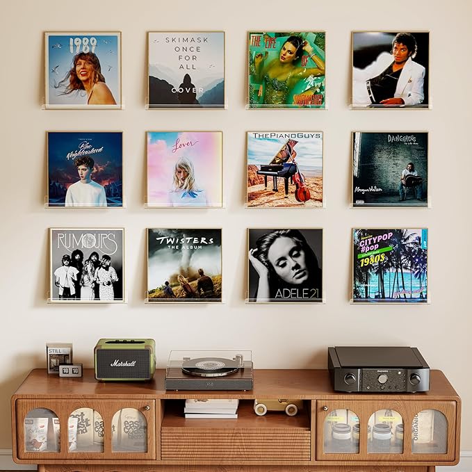 12 Pack Vinyl Record Shelf Wall Mount, 12-Inch Clear Acrylic Album Storage Holder, Floating Display Shelves for Wall Decor, Magazine Shelf, Kids Bookshelf, Suitable for Bedroom, Living Room