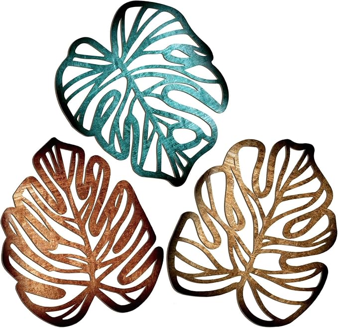 Palm Leaves Wood Wall Decor , 3Pcs Tropical Wall Art Jungle Decor, Wooden Natural Leaves Plant Wall Decor, Vintage Tropical Plant Plaque for Home Living Room Kitchen Bedroom Bathroom & Garden, Blue&Brown