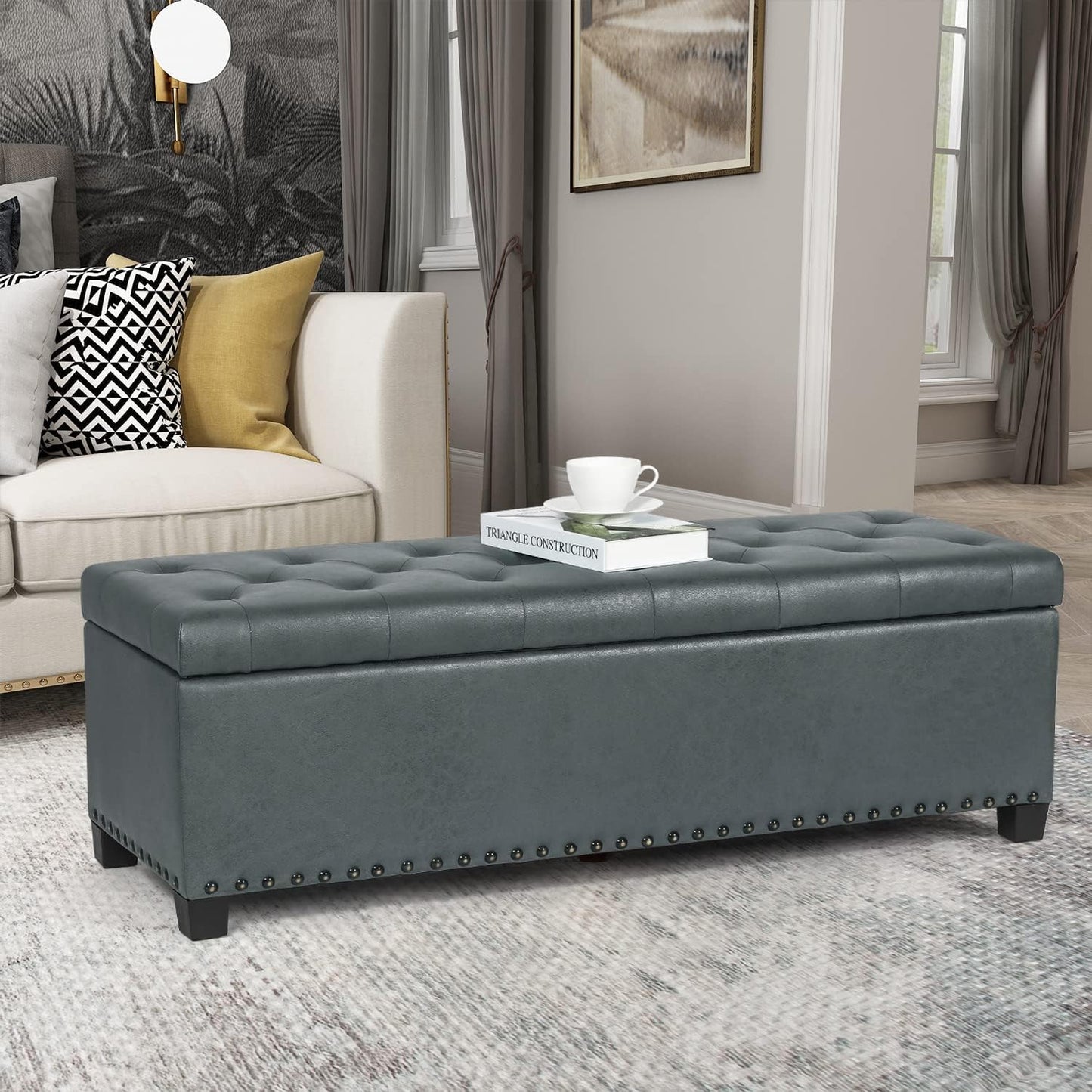 Joveco 47 Inch Storage Ottoman Bench,Tufted Fabric Storage Bench with Nailhead Trim for Bedroom (47”,Gray)