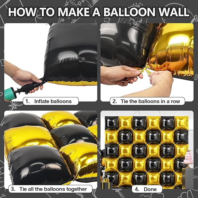 NISOCY 36PCS Black Gold Square Foil Balloons Wall Backdrop Double Sided Metallic Black Gold Balloon Arch Kit New Years Birthday Graduation Anniversary Engagement Bridal Baby Shower Party Decorations