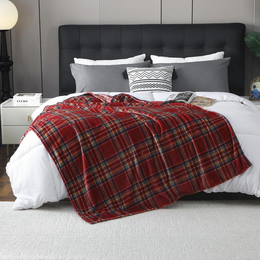 MERRYLIFE Dark Red Plaid Throw Blanket Decorative Fleece Throw | Ultra-Plush Colorful | Couch Blanket Travel Lap | Home Gift Use(50" 60",Dark Red Plaid)
