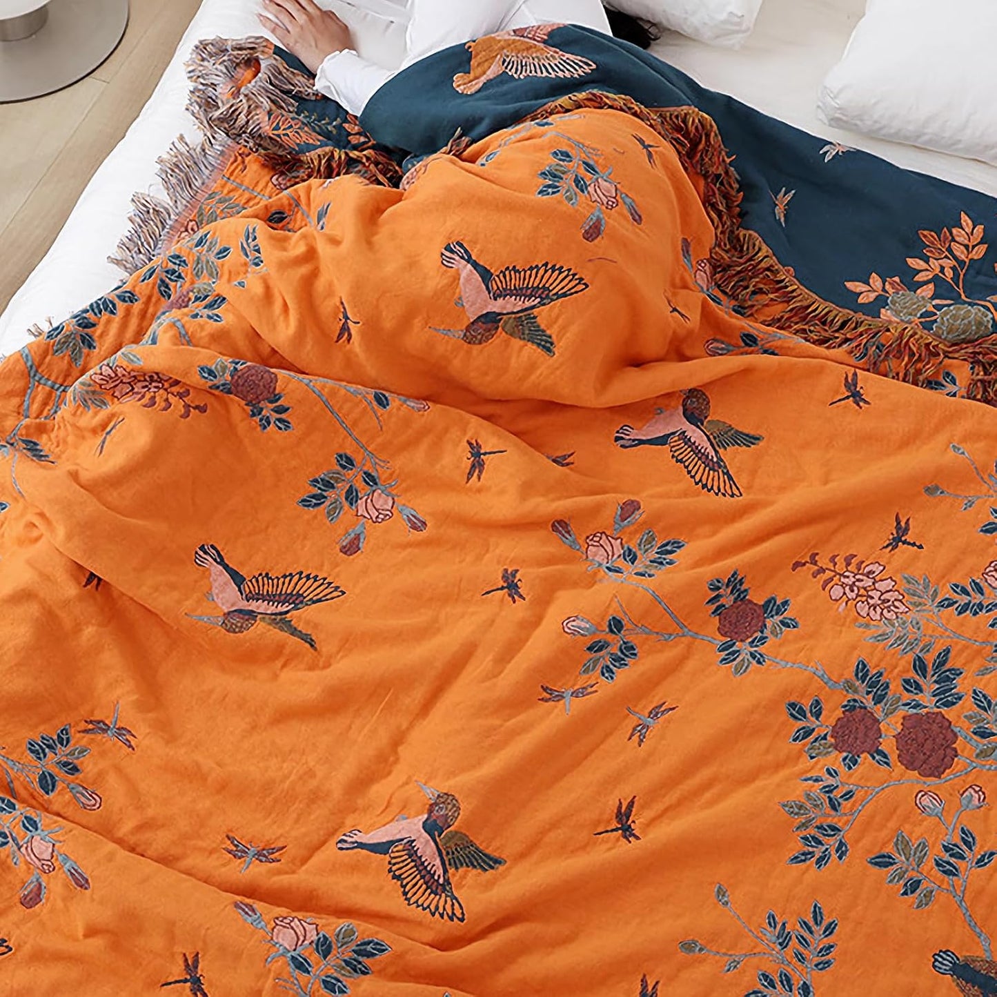 Snycler Boho Throw Blanket for Bed, 100% Organic Cotton Muslin Soft Throw-Floral Bird Farmhouse Rustic Spring Summer Fall Decor Blanket for Couch Sofa Quilt and Gift, 60" x 80" Orange