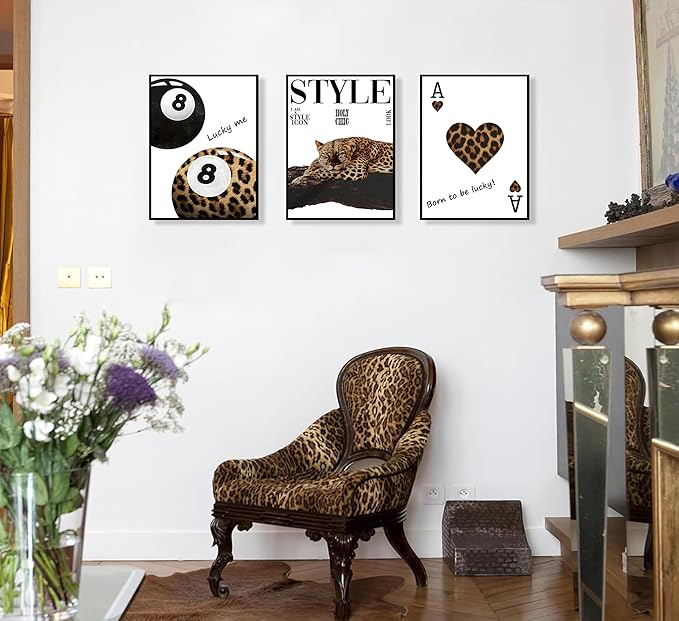 3Pcs Fashion Leopard Print Canvas Wall Art Cheetah Paintings Wall Decor Stylish Lucky 8 Ball Posters Prints College Style Room Aesthetic Pictures for Girls Bedroom Apartment Dorm Decoration Unframed