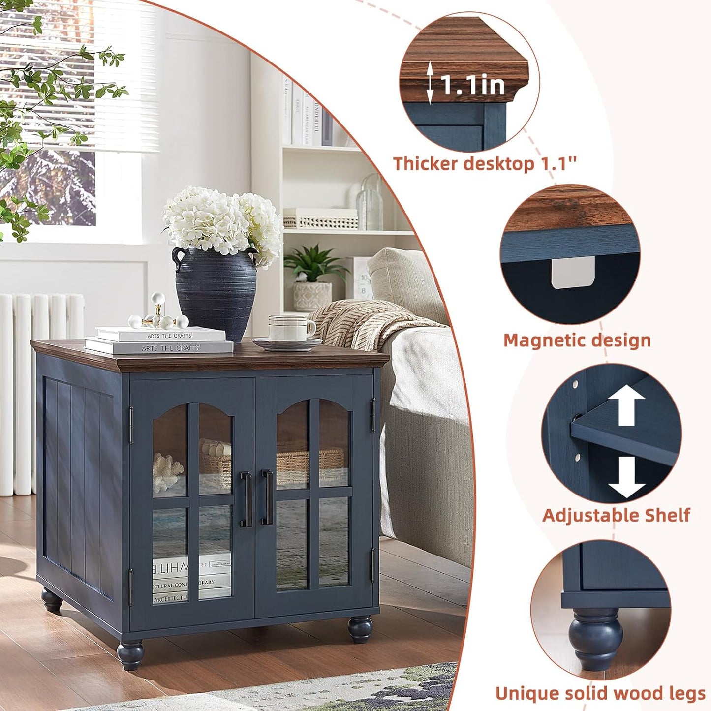 Farmhouse 24" End Table Set of 2 with Charging Station, Large Sofa Side Table with Glass Barn Door,Wood Night Stand with Adjustable Storage Shelf,Square Bedside Table for Living Room,Bedroom