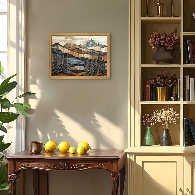 Vintage Boho Mountain Wall Art, Framed Landscape Canvas Wall Art, Nature Forest Wall Decor, Rustic Farmhouse Print Poster Painting for Living Room Bedroom Dining Room 12x16 Inch