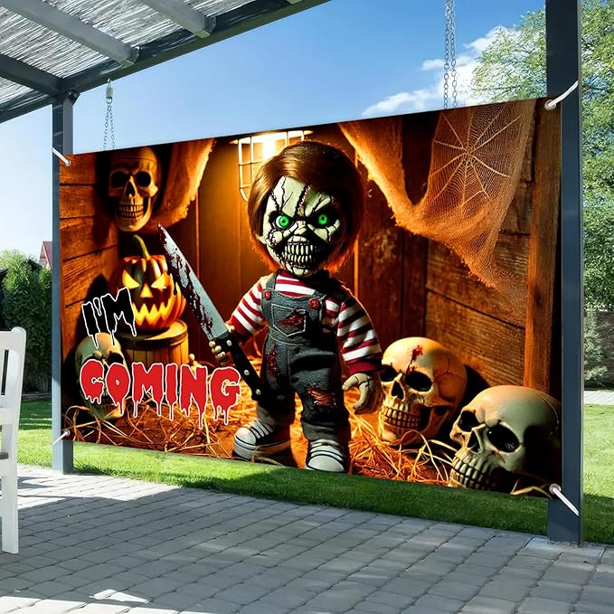 Scary Doll Halloween Banner 71x43 Inch Creepy Knife Puppet Backdrop I'm Coming Wall Decor with Skull Pumpkin for Haunted House Horror Party Trick or Treat Indoor Outdoor Decoration