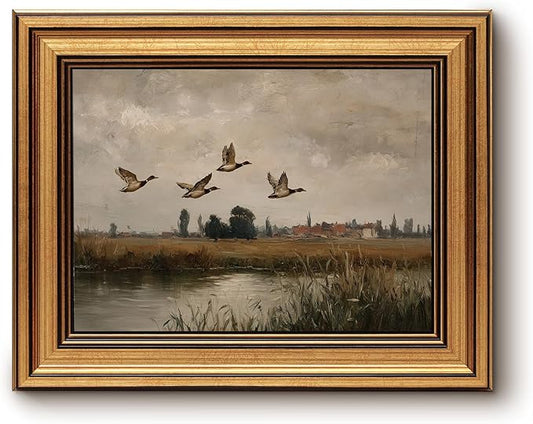 InSimSea Gold Framed Canvas Wall Art, Vintage Bedroom Decor, Flying Ducks Landscape Paintings Farmhouse Decor Aesthetic, Small Countryside Prints for Bedroom Living Room Shelf Gift, 8x10inch
