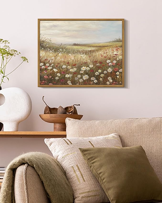 SHENIFY Vintage Framed Wall Art Meadow with Flowers Landscape Scenery Home Decor Retro Wildflower Field Decorations for Farmhouse Bedroom Ready to Hang Wall Artwork - 11x14in Natural Framed