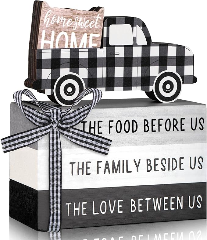 Jetec 4 Pcs Farmhouse Wooden Tabletop Decor Farmhouse Rustic Tiered Tray Decor Home Sweet Home Centerpiece Black and White Truck Buffalo Plaid Tabletop Sign for Kitchen Shelf Desk Decoration