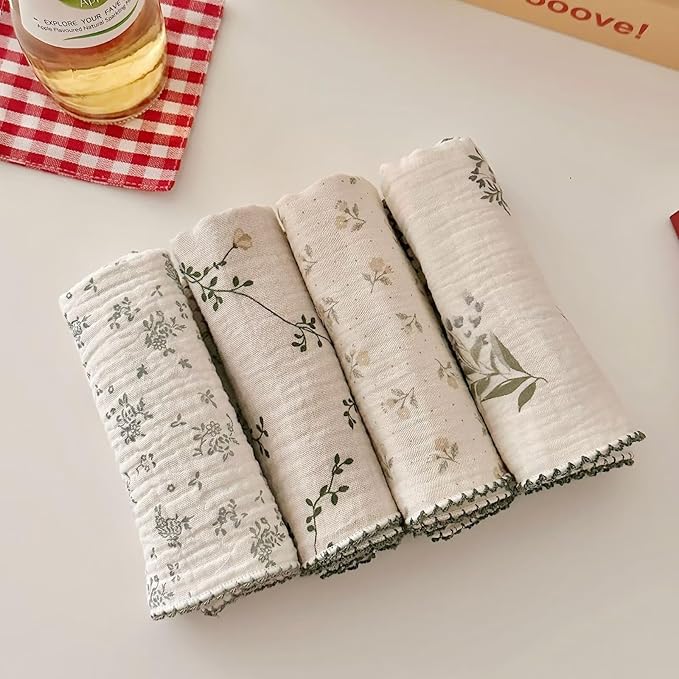 BuLuTu Cotton Muslin Kitchen Towels Set - Pack of 4 Cotton, 11x11 Inches, Kitchen Dish Towels Dishcloths Tea Towels Reusable Cleaning Rags, Stylish Wash Cloths, No Odor