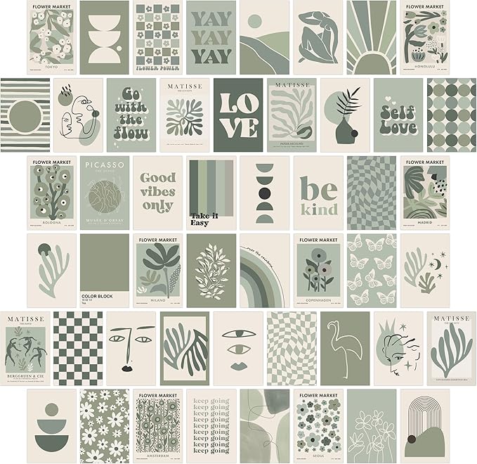 Sage Green Room Decor, Matisse Wall Collage Kit Posters for Aesthetic Room, Prints, Dorm Decor for Teen Girl (50pcs 4x6 inch)
