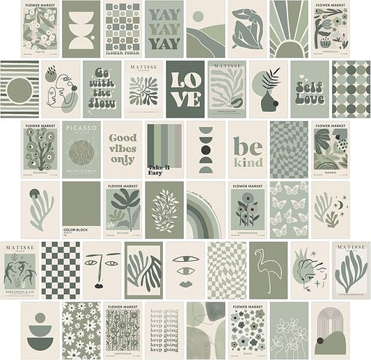 Sage Green Room Decor, Matisse Wall Collage Kit Posters for Aesthetic Room, Prints, Dorm Decor for Teen Girl (50pcs 4x6 inch)