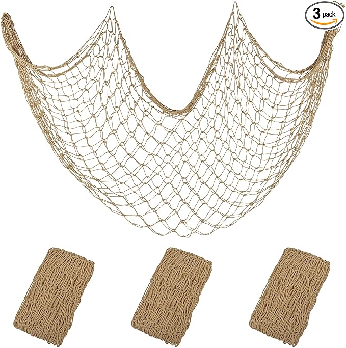 Patioland Decorative Fishing Net 3 Pack, 80x40 Inch Large Caramel Fish Net Decor for Wall, Photo Display, Nautical Mermaid Pirate Ocean Themed Beach Hawaii Under the Sea Party Decorations