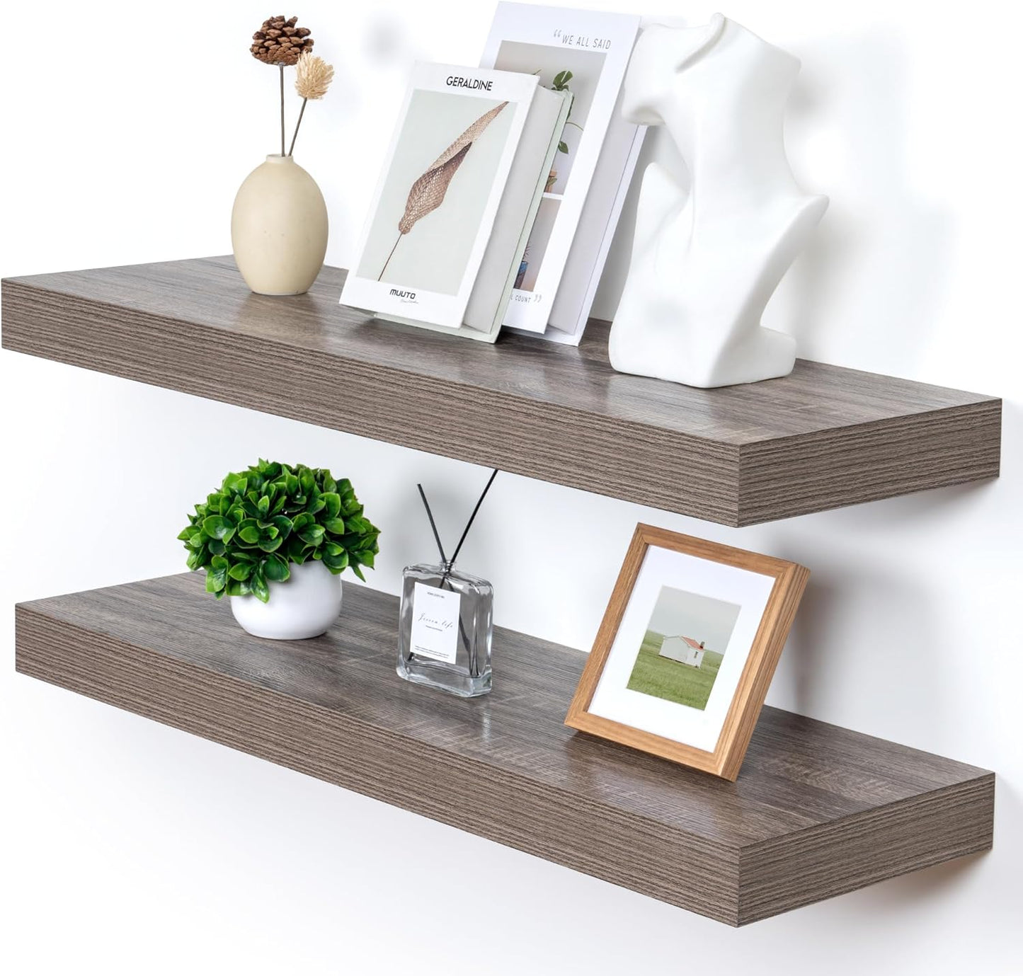 Deep Floating Shelves for Wall, 36W x 12D Rustic Large Floating Shelves Set of 2, 12'' Deep Grey Wood Floating Shelves for Living Room Bathroom Laundry Room Bedroom Kitchen Home Office - Grey