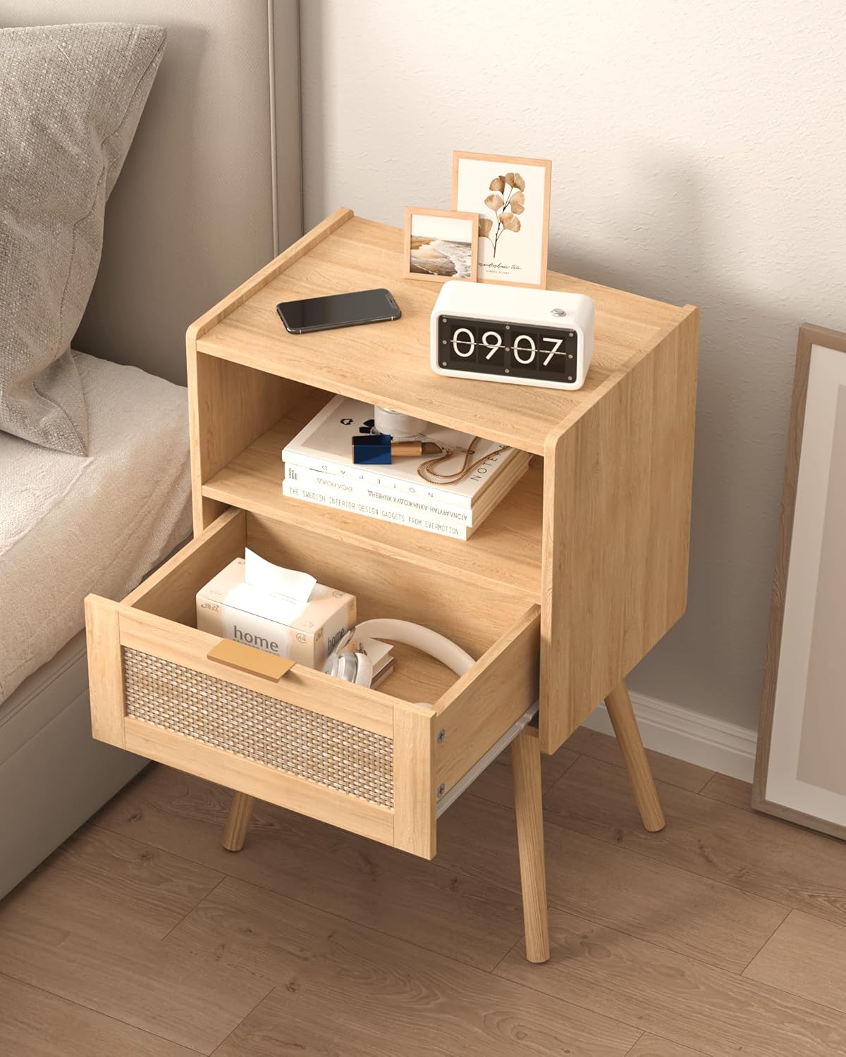 Rattan Nightstand,Modern Bedside Table with Storage Drawer and Open Wood Shelf, for Living Room, Bedroom and Small Spaces, Accent Night Stand with Solid Wood Legs, Easy Assembly,(Oak)
