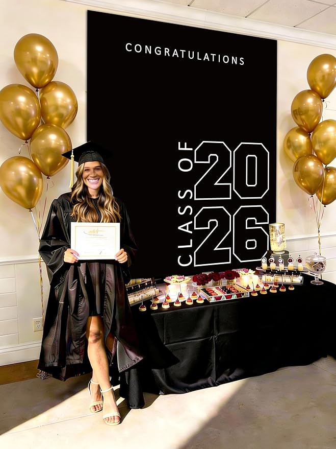 Class of 2026 Graduation Banner 5X6feet - Large CONGRATS GRAD Polyester Banner, Photo Backdrop & Wall Decor for Commencement Party Supplies, Black and White Graduation Party Decorations for High School & College
