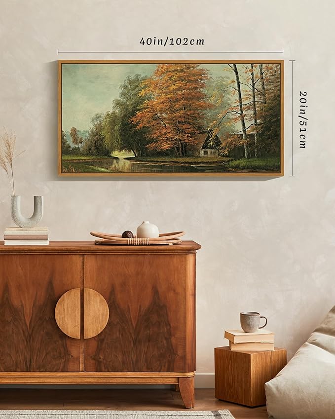 SHENIFY 20x40in Extra Large Vintage Framed Wall Art Countryside River Landscape Painting Retro Fall Scenery Farmhouse Bedroom Above of Bed Living Room Decor - Natural Framed