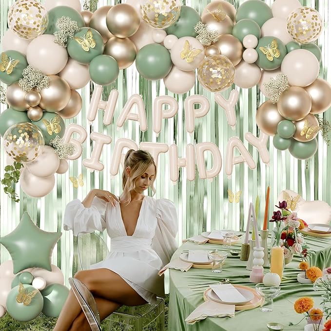 Sage Green Birthday Decorations with Happy Birthday Banner Sage Green Biege Gold Balloons Confetti Foil Balloons Gold Butterfly Fringe Curtains, Green Birthday Party Decorations for Women Girls