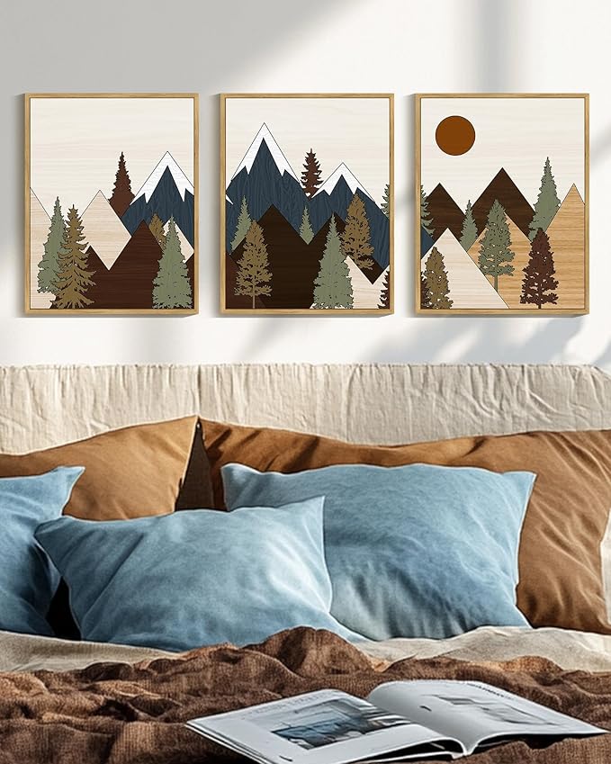 Drsoum Morden Mountains Landscape Wall Art Framed Boho Pine Tree Forest Nature Prints Boho Farmhouse Rustic Artwork Hallway Bedroom Ready to Hang 11x14in Natural Framed
