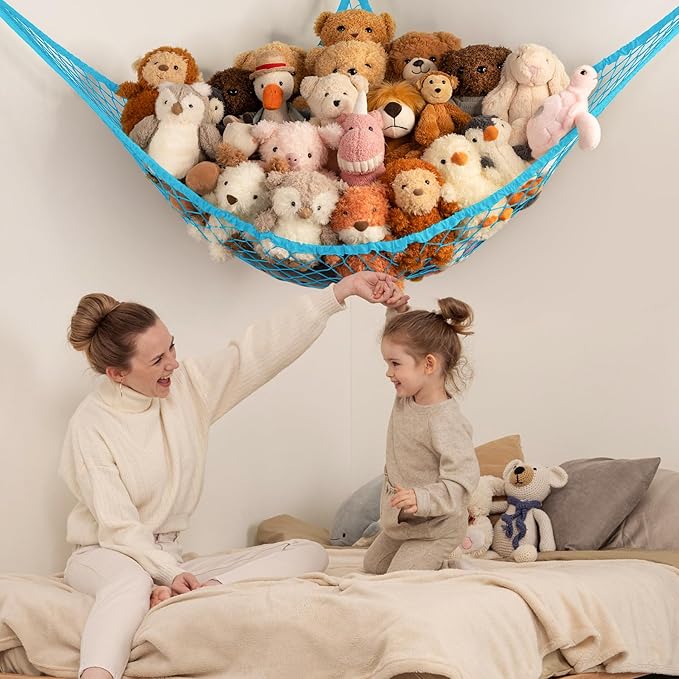 Stuffed Animal Storage Hammock Net Corner - Large Toy Hammock Net for Stuffed Animals Room Decor - Cute Stuff Animal Organizer Holder for Plush Plushie - Kids Baby Nursery Wall Bedroom Home Decor