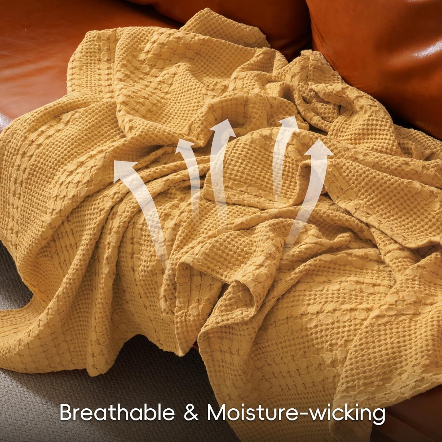 PHF 100% Cotton Waffle Weave Blanket Queen Size for Bed, Lightweight Washed Cotton Blanket - 90"x90" Aesthetic Soft Woven and Breathable Blanket for Sofa Home Decor - Ginger Yellow