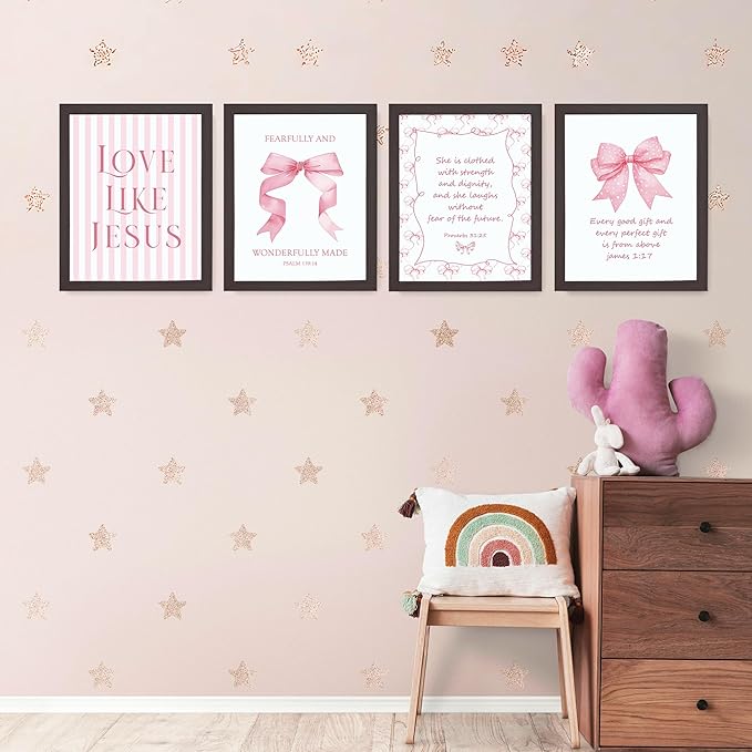 LARTSFRO Coquette Pink Bow Jesus Wall Art Decor Posters, Pink Bow Room Bedroom Bathroom Dorm Wall Art Decor Aesthetic for College Teen Girls Gifts, Inspirational Bible Verses Bow Wall Decor, 10x8 Inch Set of 4 Pcs Bow Pictures (DARK FRAMED)