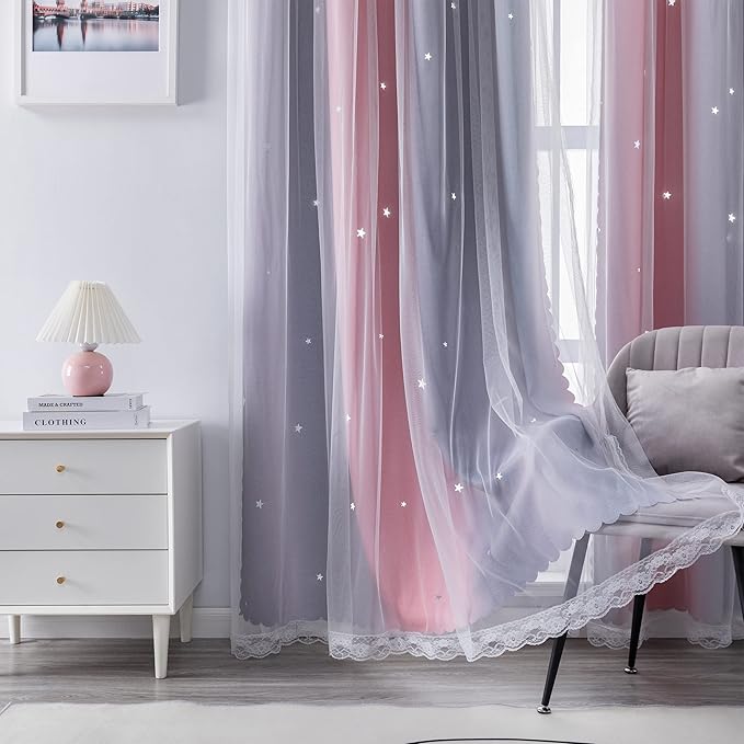 XiDi Curtains for Bedroom Decor, Rainbow Pink-Grey-52-54