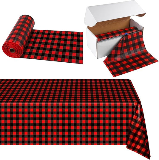Kochorie 54 Inch x 300 Ft Red and Black Checkered Plastic Table Cloth Roll Disposable Red Black Buffalo Plaid Table Cover Roll with Easy Slide Cutter for Christmas Party/Home Dining/Decor