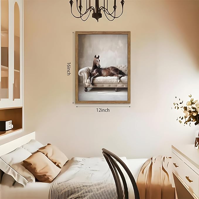 Framed Funny Horse Wall Art, Vintage Brown Horse Laying on Sofa Canvas, Modern Farmhouse Western Wall Decor, Grace Animal Pictures Prints for Living Room Bedroom Office Dorm 12x16 inch