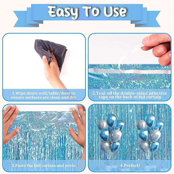 3.3 x 6.6 ft Foil Fringe Backdrop Curtains, Tinsel Streamers Party Decorations, Fringe Backdrop for Birthday, Baby Shower, Gender Reveal, Graduation (9, Light Blue)