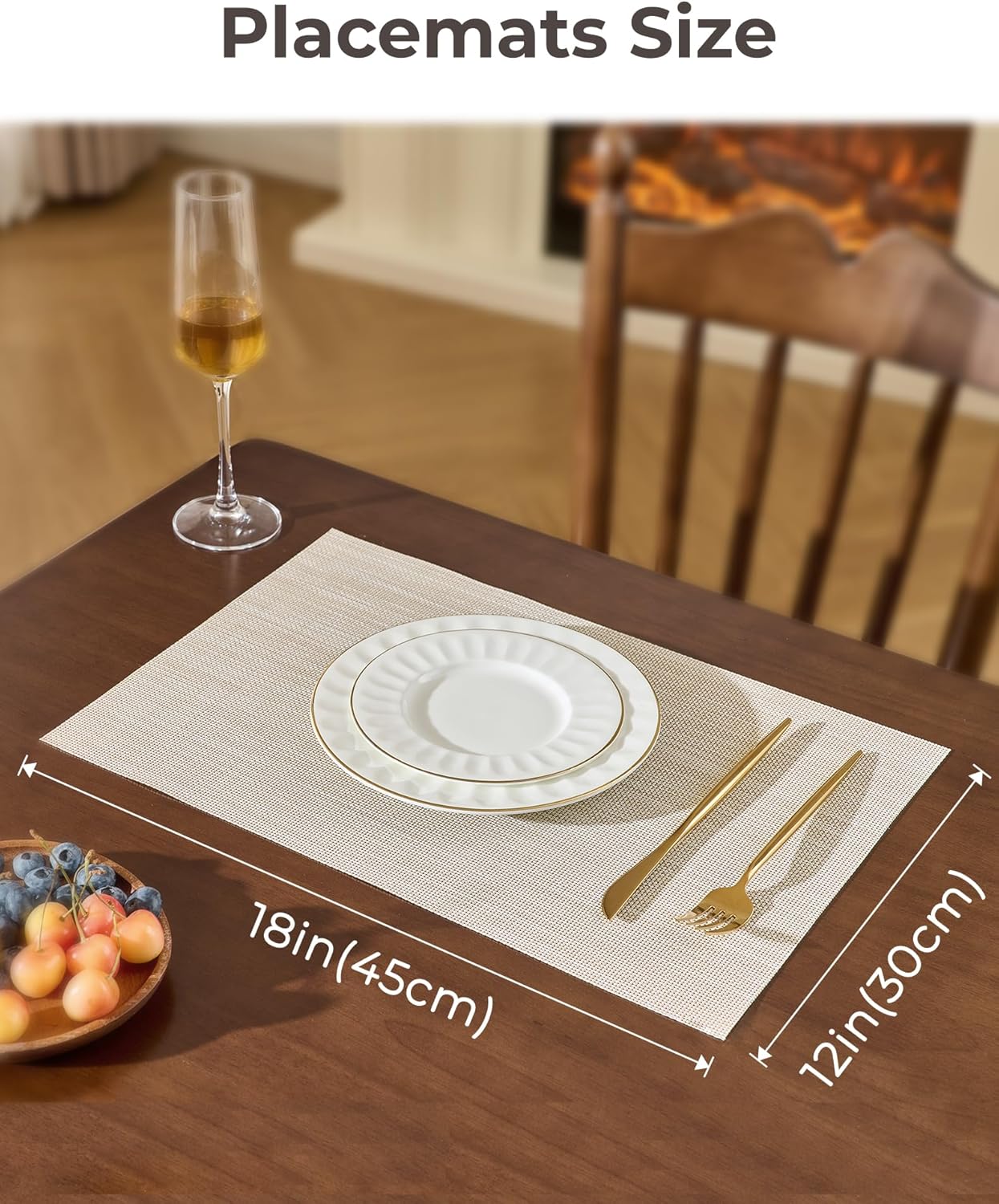 Leetaltree Beige White Placemats Set of 12 - Heat Resistant Non-Slip Place mats for Dining Table, Washable Durable PVC Vinyl Woven Table Mats（Beige White, 12）