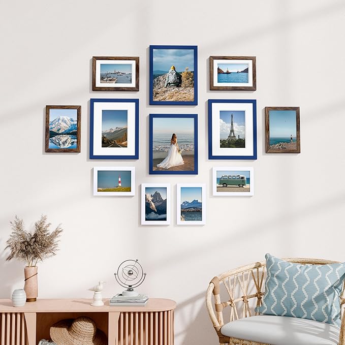 Vittanly 12 Pack Picture Frames Collage Wall Decor for Mounting or Tabletop Display, Gallery Wall Frame Set for Family, Multi Sizes Including 4pcs 8x10, 4pcs 5x7, 4pcs 4x6, Blue & Brown & White