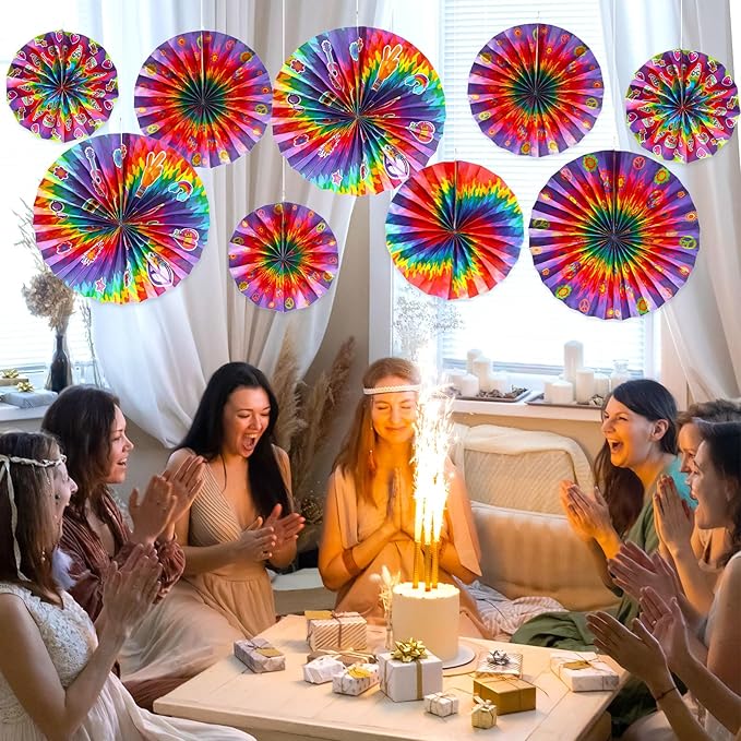 Outus Tie Dye Party Supplies Groovy Hippie Hanging Paper Fans Classroom Decoration 60s Party Ceiling Wall Decor Fans Peace and Love Sign for Carnival Hippie Groovy Theme Birthday Ceiling(9 Pcs)