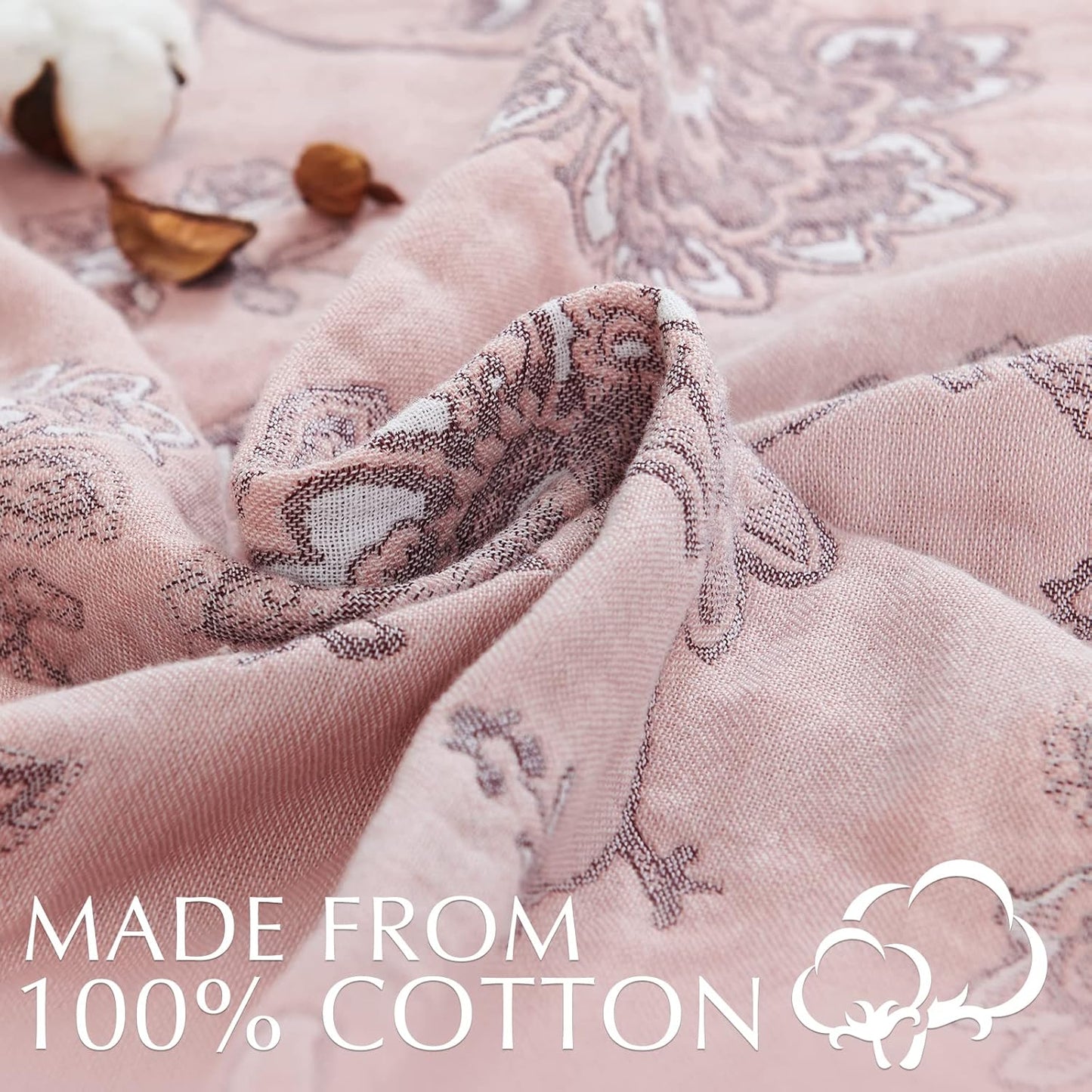 jinchan Boho 100% Cotton Muslin Twin Size 60x80 Inches Blanket Lightweight 4-Layer Quilted Soft Pink Red Floral Throw Blanket Reversible Comfy Flower Breathable All Seasons Couch Bedroom Decor