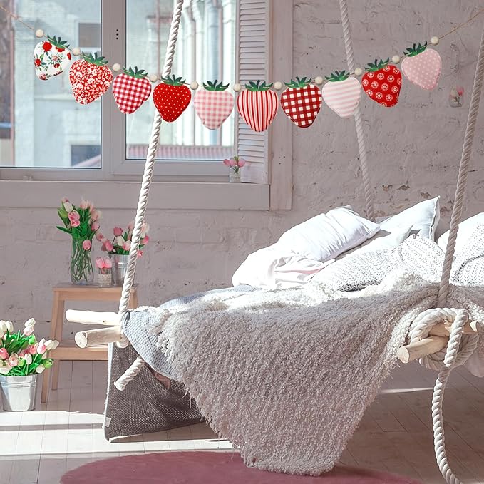 Strawberry Felt Banner Garland Decor Vintage 3D Strawberry Hanging Garland with Wooden Beads for Back to School Birthday Party Baby Shower DIY Home Wall Fireplace Decor(Bright)