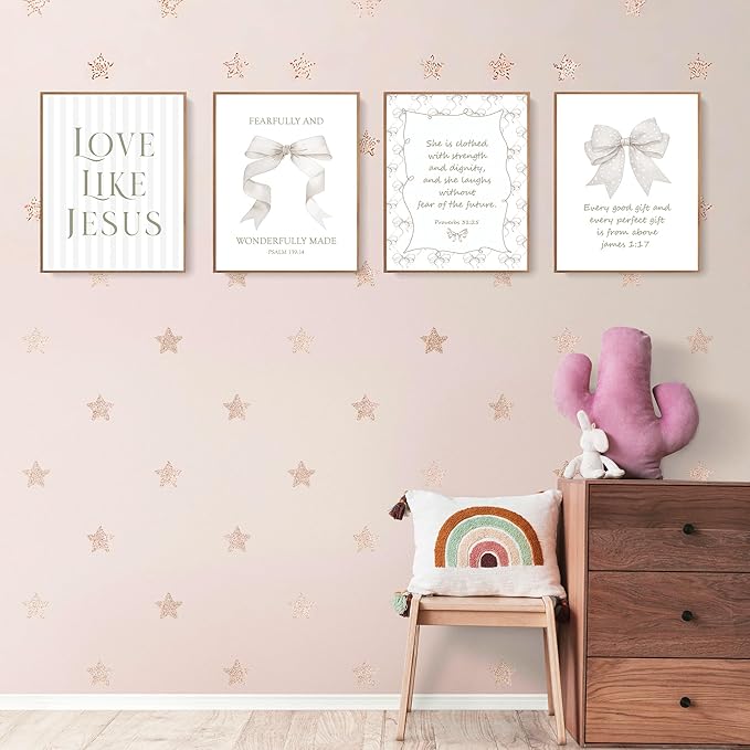 LARTSFRO Coquette Beige Bow Jesus Wall Art Decor Posters, Beige Bow Christian Room Bedroom Bathroom Wall Art Decor Aesthetic for Teen Girls Gifts, Inspirational Bible Verses Bow Wall Decor, 10x8 Inch Set of 4 Bow Pictures (UNFRAMED)